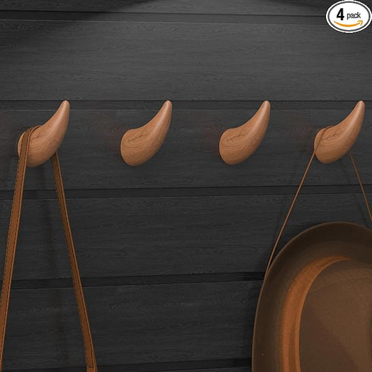 World’s Only - Unique Wall Hooks, 4 Pack Coat Hooks, Horn Shape Design, Decorative Bag Hooks, Cowboy Hat Rack for Wall – Natural, Space-Saving, Baseball Cap Organizer