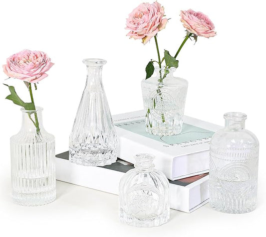 Glass Bud Vase Set of 5, Clear Small Flower Vases for Centerpieces in Bulk, Mini Vintage Vase for Rustic Wedding, Home,Table