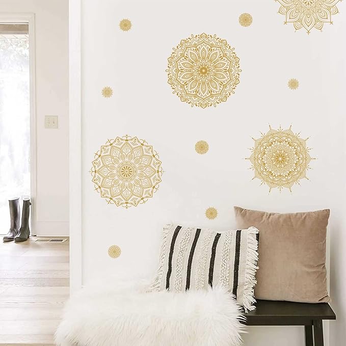Kazova Mandala Wall Art Decals Gold Mandala Wall Decal Mandala Window Stickers Lotus Flower Decals Peel and Stick Removable Mandala Floral Stickers for Bedroom Living Room Headboard Decor