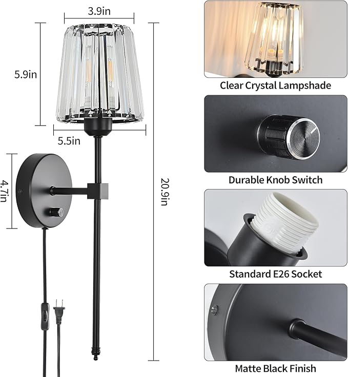 Crystal Wall Sconces Set of 2, Dimmable Wall Sconce with Plug in Cord and Dimmer Matte Black Plug in Wall Lamp Wall Mounted Light with Crystal Shade for Living Room Bedroom Vanity Light Bulbs Included