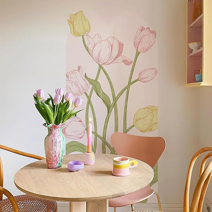 Large Floral Wall Decals Peel and Stick Tulip Floral Arch Decal 59" H x 29.5" W Tulip Flower Wall Art Pink Yellow Vinyl Stickers for Door Bedroom Bathroom Entrance Decor