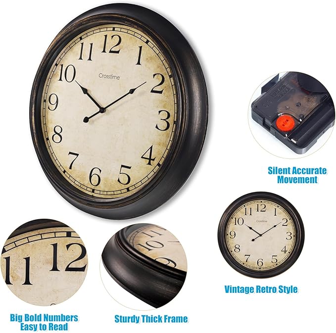 24 Inch Wall Clock Battery Operated Silent Vintage Large Wall Clocks for Living Room Fireplace Decor,Black-Brown