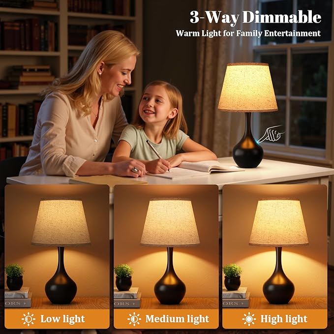 Seealle Touch Table Lamps for Bedroom Set of 2,3-Way Dimmable Small Bedside Lamps for Night Stands with Wires, Black Desk Lamps for Kids Room,Office,Living Room, End Table(LED Bulbs Included)