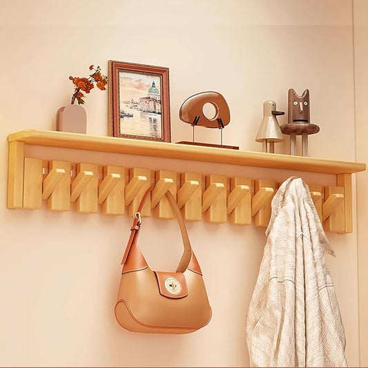 Wall Mounted Piano Key Hanger | Flip Style Hook | Entrance Wall Art Hook, Made of Oak Wood (3 Times Painted, 4 Times Polished) (Tray Beech, 12Hooks)