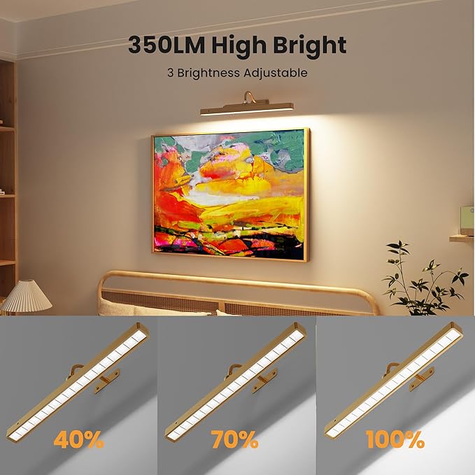 Wireless Picture Light Battery Operated, 1Pack Remote Control Painting Light with Timer, 13Hrs Service Life Art Display Light for Picture Frame Artworking Portrait, Poster, Photo, Mirror -Brass
