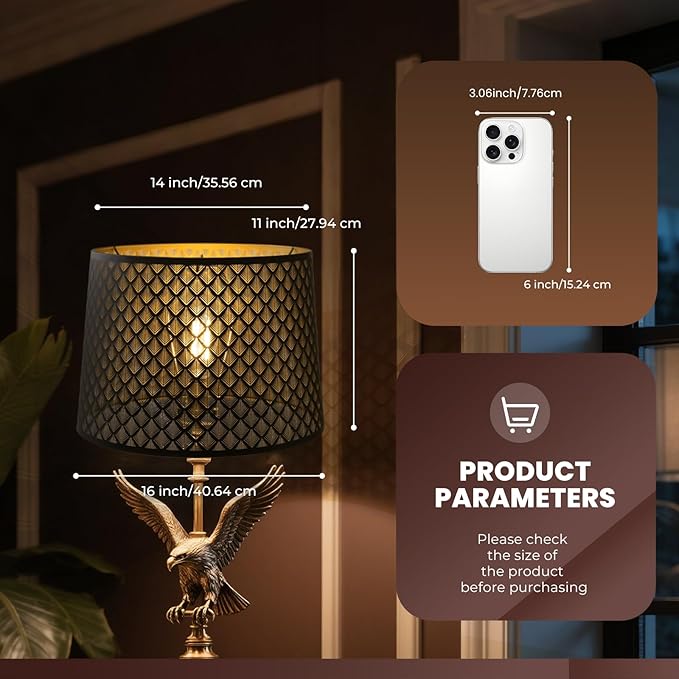 ALUCSET Drum Lampshade 14" Top x 16" Bottom x 11" High (Spider) Large Lamp Shade Replacement for Table Lamps and Floor Lamp Modern Lamp Shades, Black and Gold Lampshades with Etched Arrow Pattern