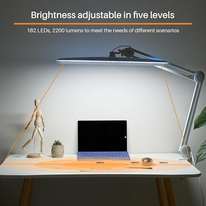 Task Lamp with Clamp, 23 Inch Lamp Head, Bright 182PCS LEDs,5 Color Temperatures, 5 Brightness Levels, Metal Swing Arm 24W 2200 Lumen Dimmable Led Desk Lamp (White, CCT)