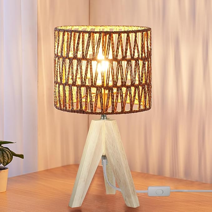 Tripod Table Lamp Light with Birch Color Wooden Base, Wooden Desk Lamp with Rattan Lampshade, 14.37 in Small Lamps, E26 Base Bedside Lamps for Night Stands, Home, Office, Living Room, Dorm(Triangle)