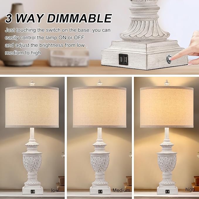 Farmhouse 3-Way Dimmable Touch Table Lamp Set of 2 for Bedroom Living Room with USB A+C Charging Ports 28" Tall Rustic Traditional Nightstand Bedside Lamps White End Table Lamp (2 Bulbs Included)