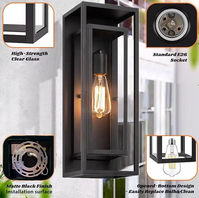 1 Pack 18 inches Outdoor Wall Lantern Light Fixture, Large Black Exterior Waterproof Wall Sconce, Anti-Rust Mount Porch Light with Clear Glass,E26 Socket
