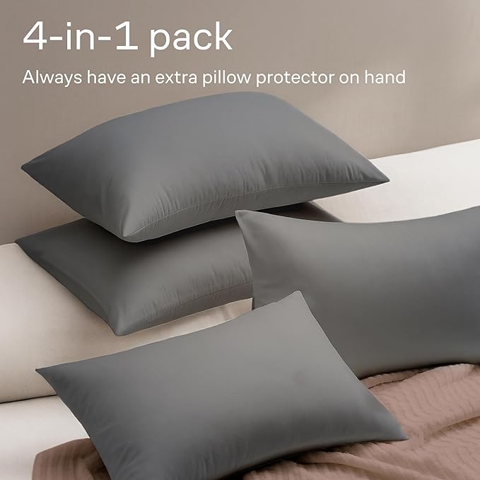 Ultra Soft Pillow Protectors with Zipper King Size - Set of 4 Breathable Pillow Covers - 100% Protection Against Stains, Dust & Dirt - Machine Washable (Gray)