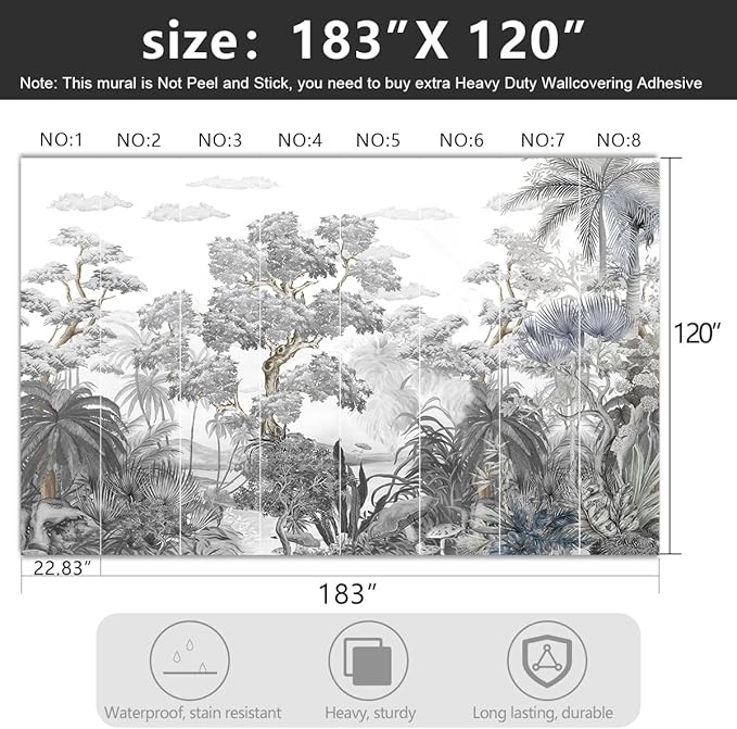 -Tropical Rainforest Botanical Grey Jungle Forest Fabric Wallpaper Living Room Palm Leaf Plant Bedroom Bathroom Large Wall Mural- 183"x120"（ not Peel and Stick）