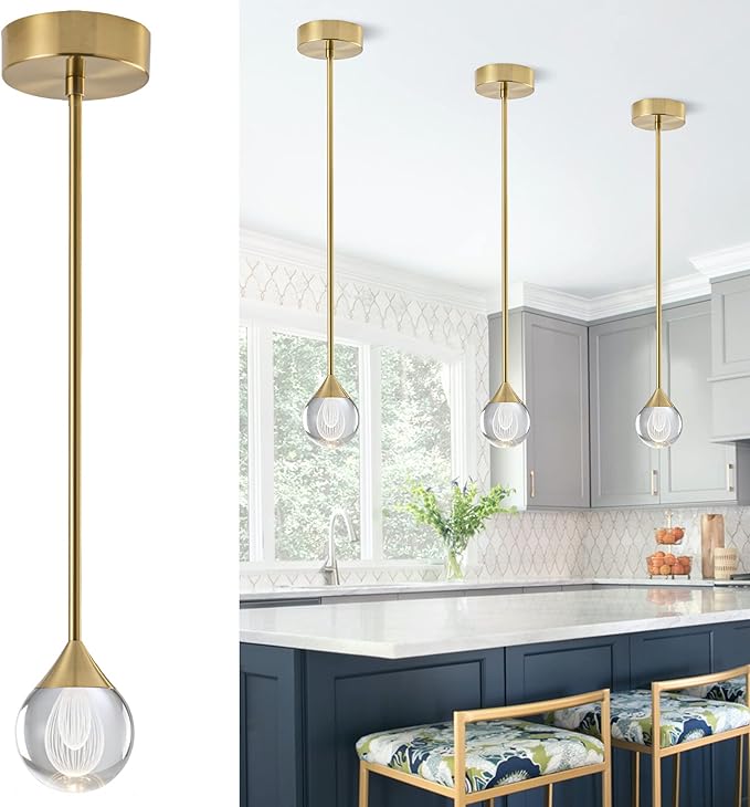 1-Light Teardrop Crystal Pendant Light, Dimmable Mini LED Crystal Hanging Light Fixtures, Gold Brushed Brass Finish Modern Ceiling Pendant Lighting for Kitchen Island Dining Room Bedroom Bar