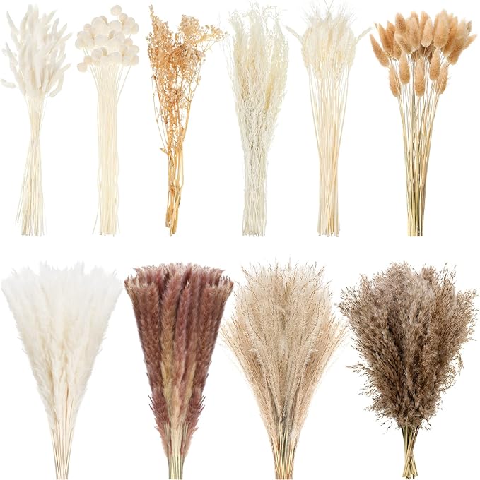 Treela 324 Pcs Dried Pampas Grass Decor 17 Inch White Pampas Reed Grass Fluffy Wedding Boho Flowers 10 Various Natural Dried Flower Bouquet Bunny Tails for Home Table Decor Rustic Farmhouse Party