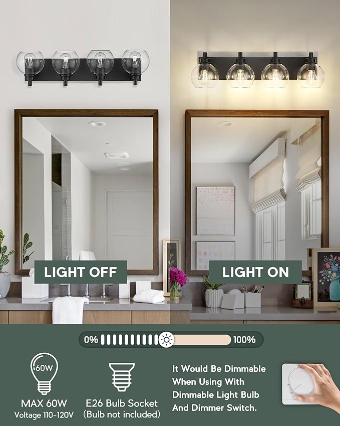 Bathroom Light Fixtures, 4 Light Matte Black Vanity Light, 26 Inch Modern Wall Sconces with Globe Clear Glass Shade, Vanity Lighting Fixtures Over Mirror, VL195-MB-CL-4