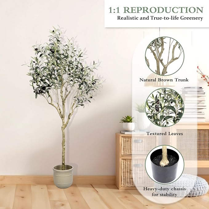 Artificial Olive Tree 5.4 ft, 65 Inch Faux Olive Tree with White Planter, Natural Olive Branches and Realistic Leaves for Modern Home Office Living Room Floor Decor
