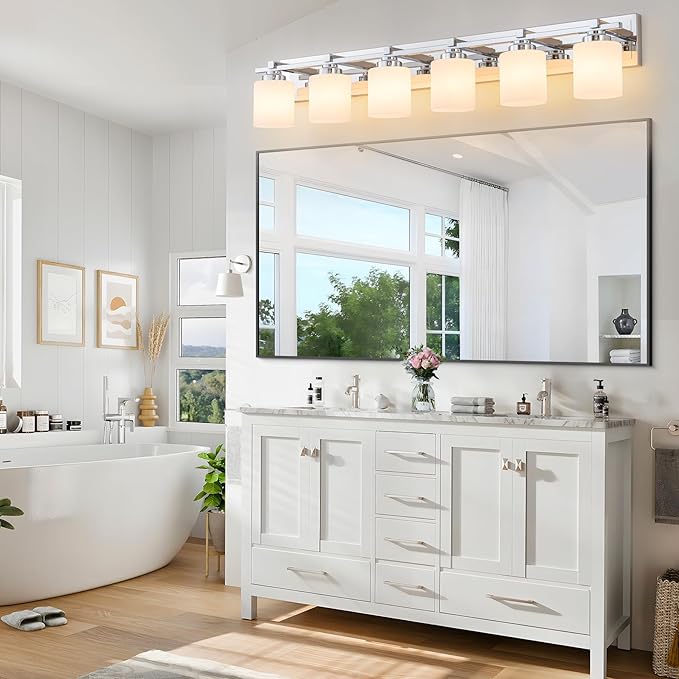 6 Light Modern Bathroom Light Fixtures Over Mirror, Chrome Vanity Lights for Bathroom Wall Sconces with Milky White Glass Shades, E26 Socket (Bulbs Not Included)