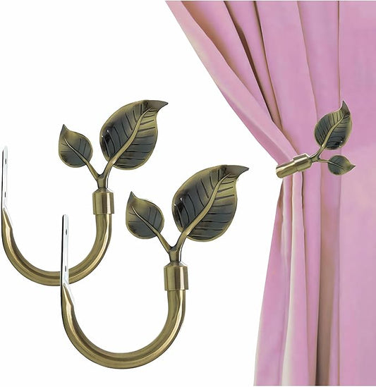 Rbeusau Leaf Shaped Heavy Duty Curtain Holdbacks 2pcs, Traditional Style Antique Brass Handmade Metal Curtain Tiebacks for Wall, Curtain Tie Hook Pull Backs for Drapes Window Home Decoration