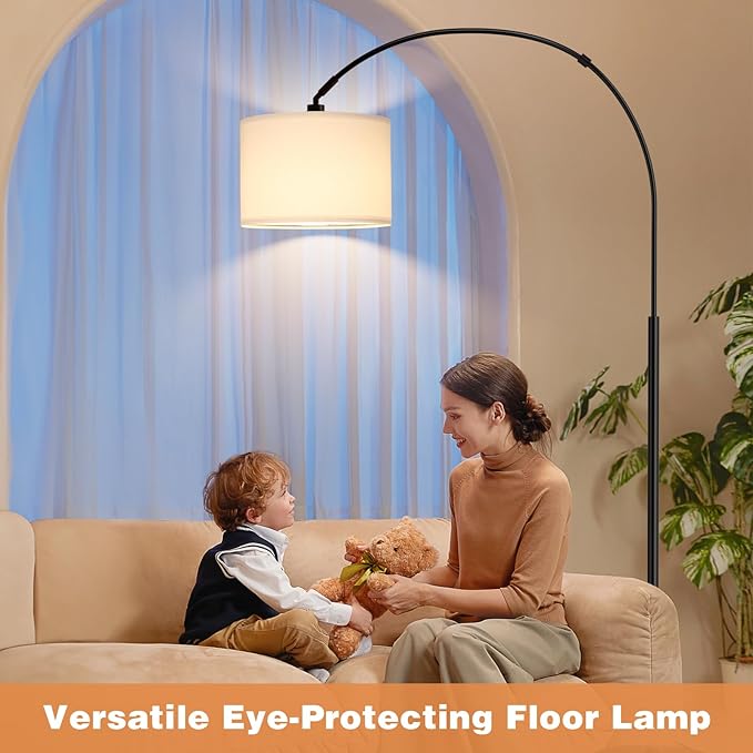 Ambimall Dimmable Arc Floor Lamp with Remote, Color Temperatures and Brightness Adjustable, Arched Floor Lamp with Rotating Head, Over Couch Arched Reading Light for Living Room (White and Black)