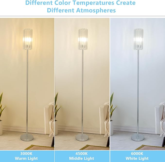 HMVPL Chrome Floor Lamp for Living Room, Modern Pole Floor Lamp for Bedroom with K9 Crystal Shade, Silver Standing Lamp for Corner with On/Off Switch,Elegant Tall Lamp for Nursery Kids Girls Room Home