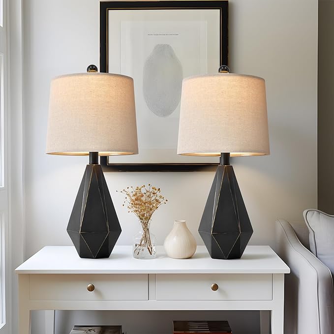PoKat 20.25'' Table Lamps Set of 2, Bedside Lamp for nightstand, Small Farmhouse Lamps for Bedroom, Black Bedroom Lamps for Living Room, Nursery, Black, Suitable for Small Place