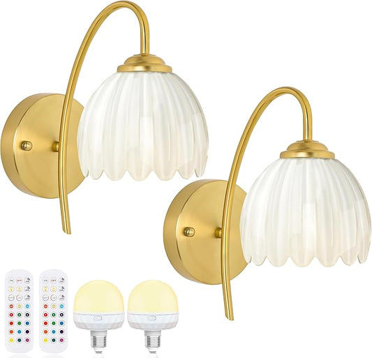 Vintage Battery Wall Sconce with Flower lampshade,Rechargeable Battery Powered Wall Lights,Wall lamp with 15 Colors for Bedroom Living Room Home Decor (Milky White Tulip, 2 Light Battery Operated)