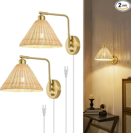 Rattan Plug in Wall Sconce Set of 2, Gold Wall Lamps with Plug in Cord and Dimmer, Hand Woven Boho Sconces Swing Arm Wall Mount Light Fixture Beside Lighting for Bedroom, Living Room