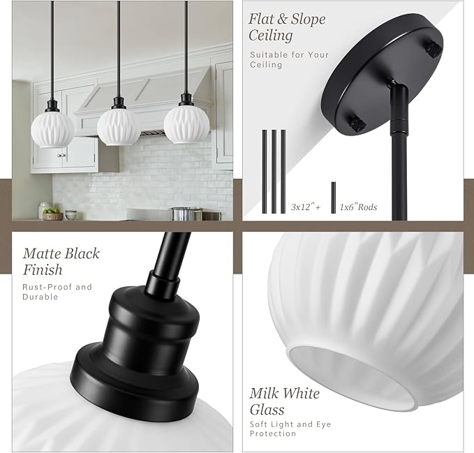 Black Pendant Lights Kitchen Island 2 Pack, 7.3" Milk Glass Modern Pendant Light Fixtures with Rods, Globe Hanging Lighting for Kitchen Sink Bathroom Dining Room, E26 Base