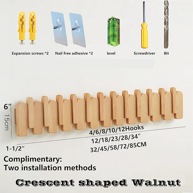 Wall Mounted Piano Key Hanger | Flip Style Hook | Entrance Wall Art Hook, Made of Oak Wood (3 Times Painted, 4 Times Polished) (Arc Beech, 6Hooks)