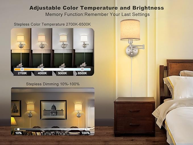 Plug in Wall Sconces with Remote Control, Dimming & Adjustable Colors 2700K-6500K, Hardwire or Plug-in, Swing Arm Wall Lamp with Linen Fabric Shade, Wall Sconces Set of Two, Brushed Nickel Finish
