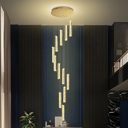 IDEQU Modern LED 120inch Long Spiral Staircase Crystal Chandelier High Ceiling Chandelier Lighting for Foyer Hallway 12-Light Gold Dimmable 2700K-6000K