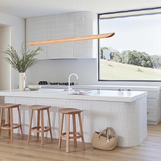 39" 24W Wood LED Linear Pendant Light Fixture,Dimmable Pool Table Island Lights,Modern Linear Hanging Chandeliers,for Dining Room Kitchen Island,Pool Table Lights,Natural Wood Color