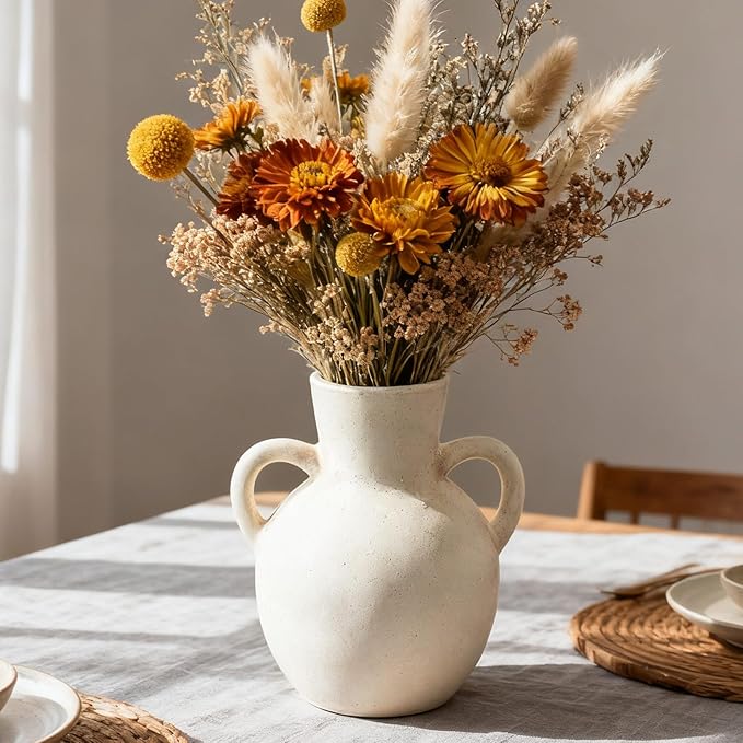 Rustic Ceramic Farmhouse Flower Vase with 2 Handles, Whitewashed Terra Cotta Vase, Decorative Pottery Flower for Home Decor, Table, Living Room, Shelf Decor, 7.3 Inch, White