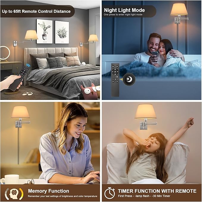 TRLIFE Dimmable Wall Sconce with Remote Control, Adjustable Color Temperature 2700K-6500K and Dimming 10-100% Swing Arm Wall Lights with Plug in Cord, 11.8" Large White Fabric Shade(2 Pack, 2 Bulbs)