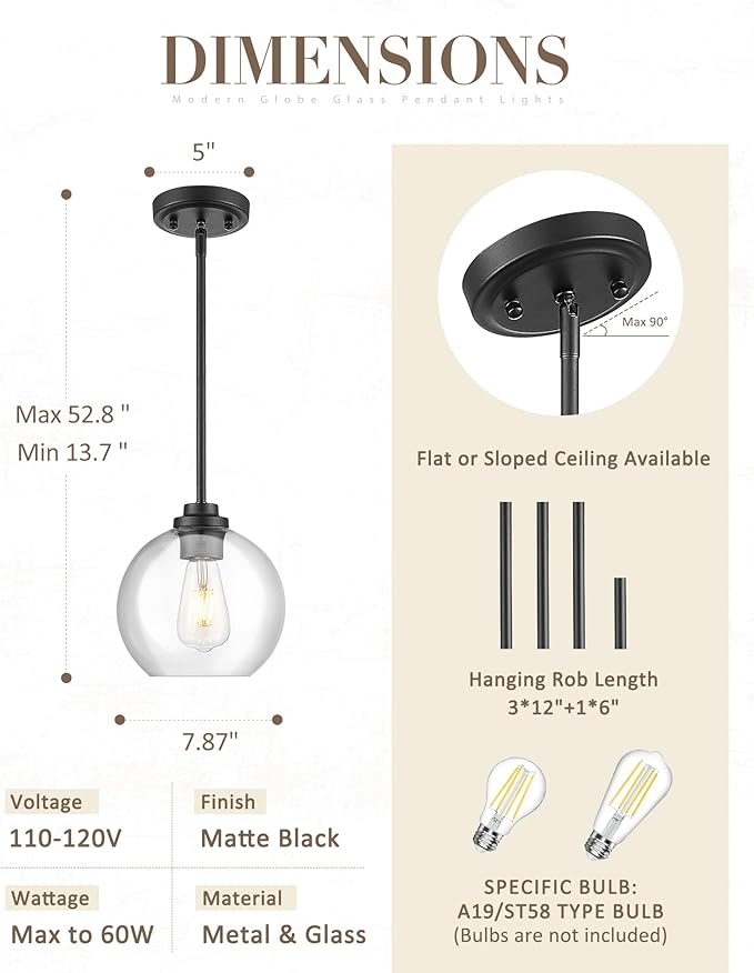 8 inch Matte Black Pendant Light, Mid Century Globe Haning Light Fixture Ceiling with Clear Glass for Kitchen Island Dining Room Bedroom Hallway Foyer (1 Pack), PL101BK-L