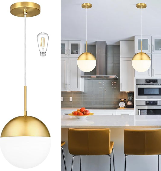 10 Inch Gold Mid Century Modern Pendant Light Pendants for Kitchen Island Frosted Milky White Glass Globe Height-Adjustable Modern Hanging Globe Pendant Light for Bedroom Foyer (Bulb Incl)