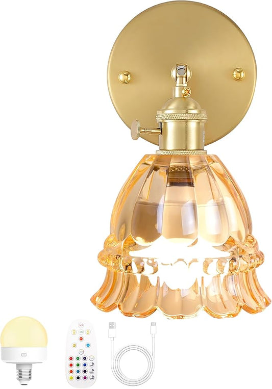 Vintage Battery Operated Wall Sconce with Flower lampshade,Rechargeable Battery Powered Wall Lights,Wall lamp with 15 Colors for Bedroom Living Room Home Decor (Lily Amber, 1 Light Battery Operated)
