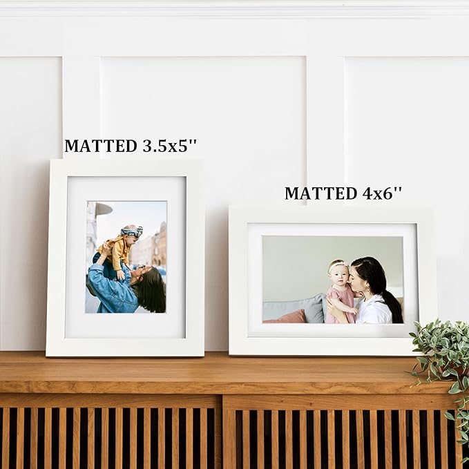 Egofine 5x7 Picture Frame 4PCS Made of Solid Wood, Display Picture 3.5x5/4x6 with Mat or 5x7 Covered by Plexiglass for Table Top Display and Wall Mounting Photo Frame, White with Texture