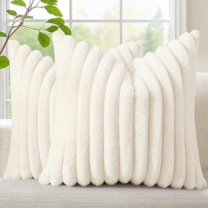 decorUhome Faux Fur Christmas Throw Pillow Covers 18x18 Set of 2, Decorative Soft Plush Striped Neutral Couch Euro Pillow Covers with Velvet Back for Sofa, Bed, Living Room Home Decor, Cream White