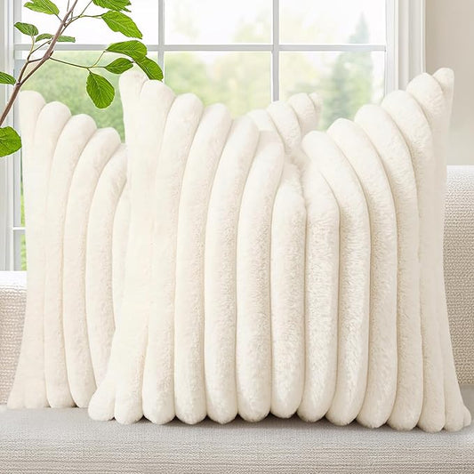 decorUhome Faux Fur Christmas Throw Pillow Covers 18x18 Set of 2, Decorative Soft Plush Striped Neutral Couch Euro Pillow Covers with Velvet Back for Sofa, Bed, Living Room Home Decor, Cream White