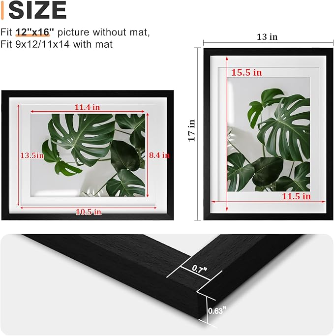 Egofine 12x16 Picture Frames 4PCS Covered by Plexiglass, Made of Solid Wood, Display Pictures 9x12/11x14 with Mat or 12x16 Without Mat for Wall Mounting, Black with Texture