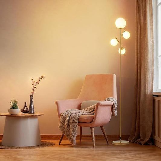 Fiqevs 4 Globe Gold Floor Lamp, Modern Sputnik Tree Standing Lamp with Frosted Glass Ball Lampshade & 3000K LED Bulbs, Mid Century Contemporary Tall Lamp for Living Room, Bedroom - Antique Brass