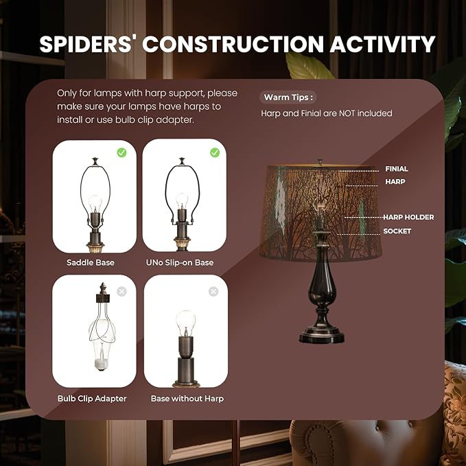 ALUCSET Stainless Steel Large Lampshade, Drum Lamp Shade 11" Top x 13" Bottom x 10" High, Large Lamp Shades for Table and Floor Lamps, Green Polished Etched Forest Replacement Shade, Spider Fitter