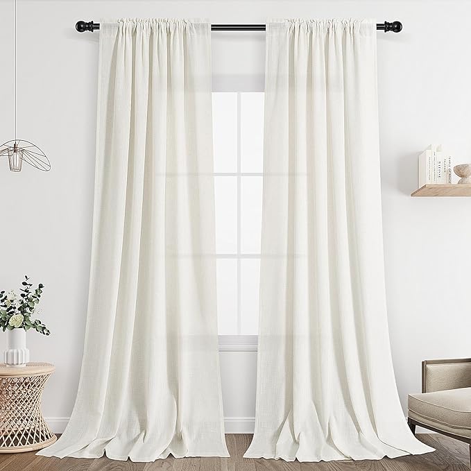 Guken Natural Linen Curtains 94 Inch Length for Living Room Bedroom 2 Panels Set Rod Pocket Light Filtering Semi Sheer Window Curtains 52 Inch Width Boho Farmhouse Linen Drapes Cream Ivory, W52xL94
