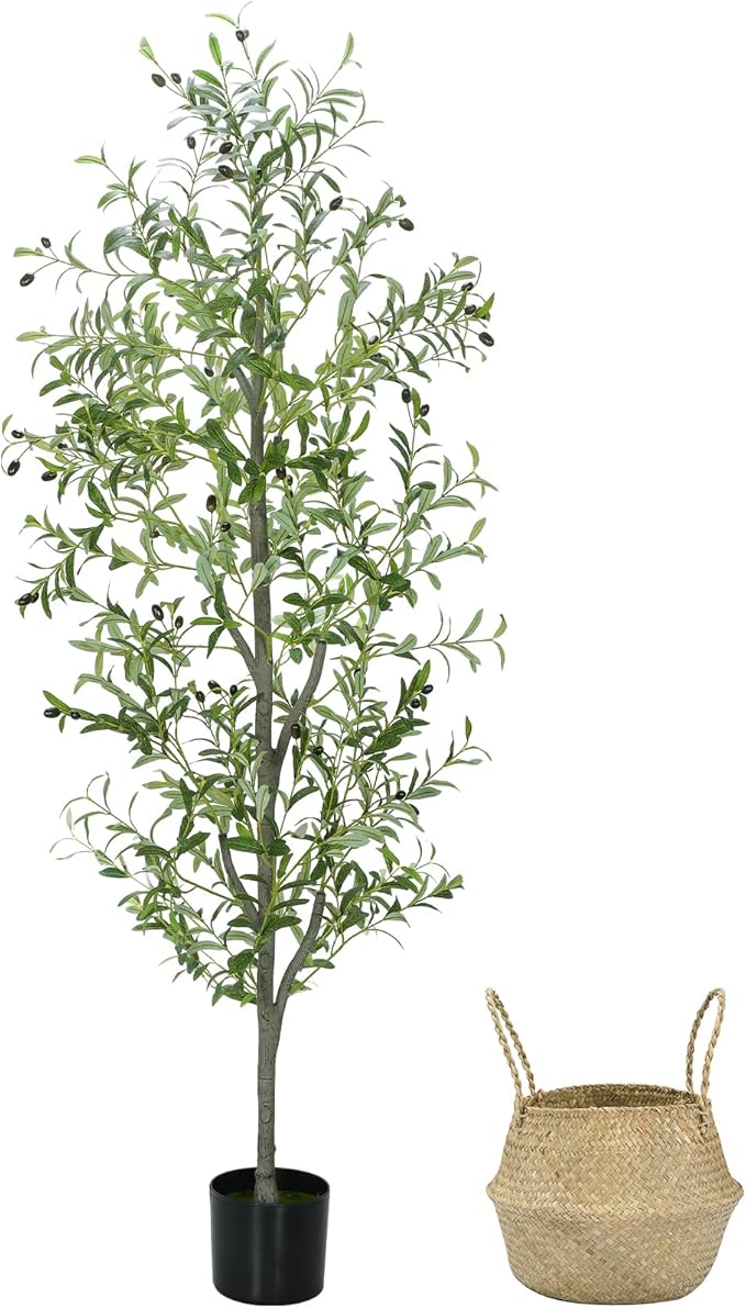 Faux Olive Tree 6FT Silk Plant Artificial Indoor, 6 FT Fake Potted Olive with Wicker Basket Planter, Tall Artificial Olive Trees with Natural Wood Trunk & Fruits for Home Office, 6 Feet (72")
