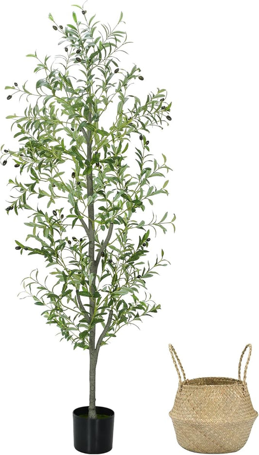 Faux Olive Tree 6FT Silk Plant Artificial Indoor, 6 FT Fake Potted Olive with Wicker Basket Planter, Tall Artificial Olive Trees with Natural Wood Trunk & Fruits for Home Office, 6 Feet (72")