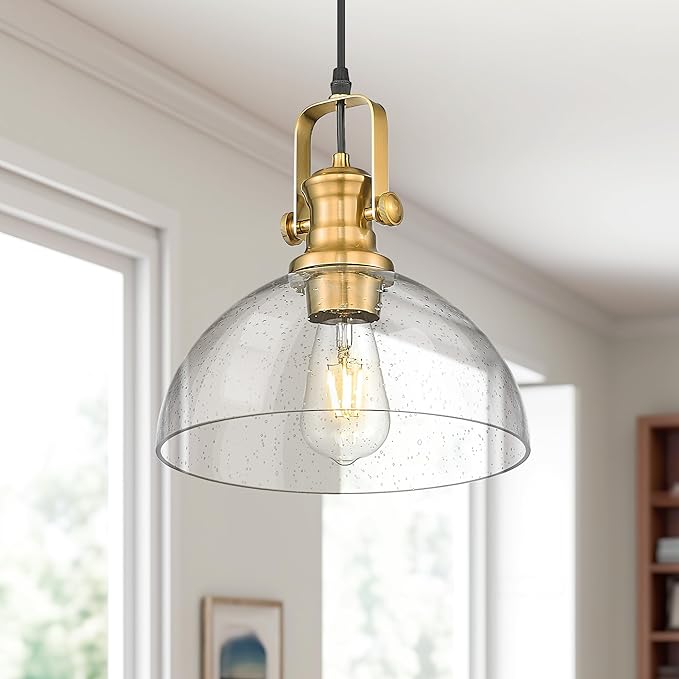 Pendant Lights Kitchen Island, 10.5" Farmhouse Pendant Lighting with Clear Seeded Glass Shade, Vintage Hanging Light Fixtures for Dining Room, Brushed Gold, AD-22151-1PL-GD