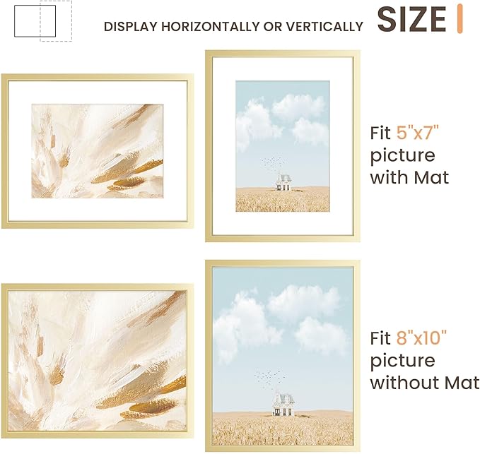 8x10 Picture Frame, High End Metal 8x10 Poster Frames with Mat 5x7 Photo, High Definition Plexiglass, 8 by 10 Durable Metal Frame for Wall or Tabletop Display, Set of 1,Golden