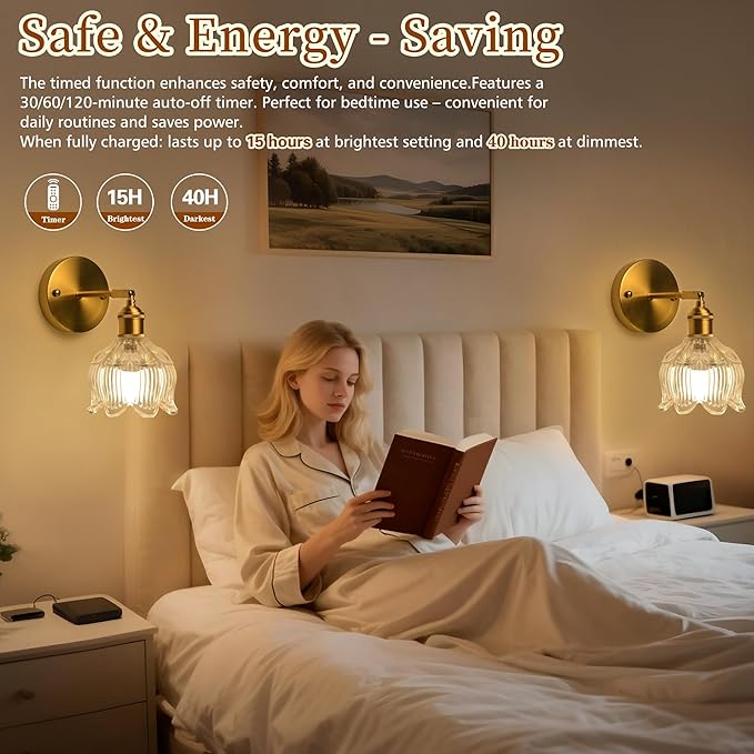 Battery Operated Wall Sconce with Remote Control,Vintage Wall Lamp with Flower lampshade,Rechargeable Battery Powered Wall Lights with 15 Colors for Beside Bedroom Living Room Doorway,Flower Clear