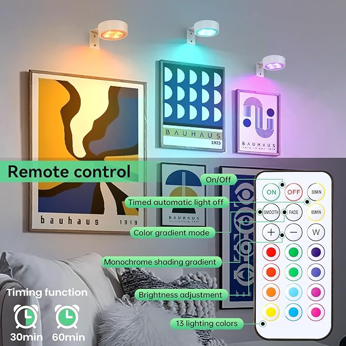 2Pcs Picture Lights for Wall, 13 Color RGB Magnetic Led Art Display Light for Picture Frame, Wireless Battery Operated Painting Light with Remote Control, Party Home Wall Decor Puck Lights, White
